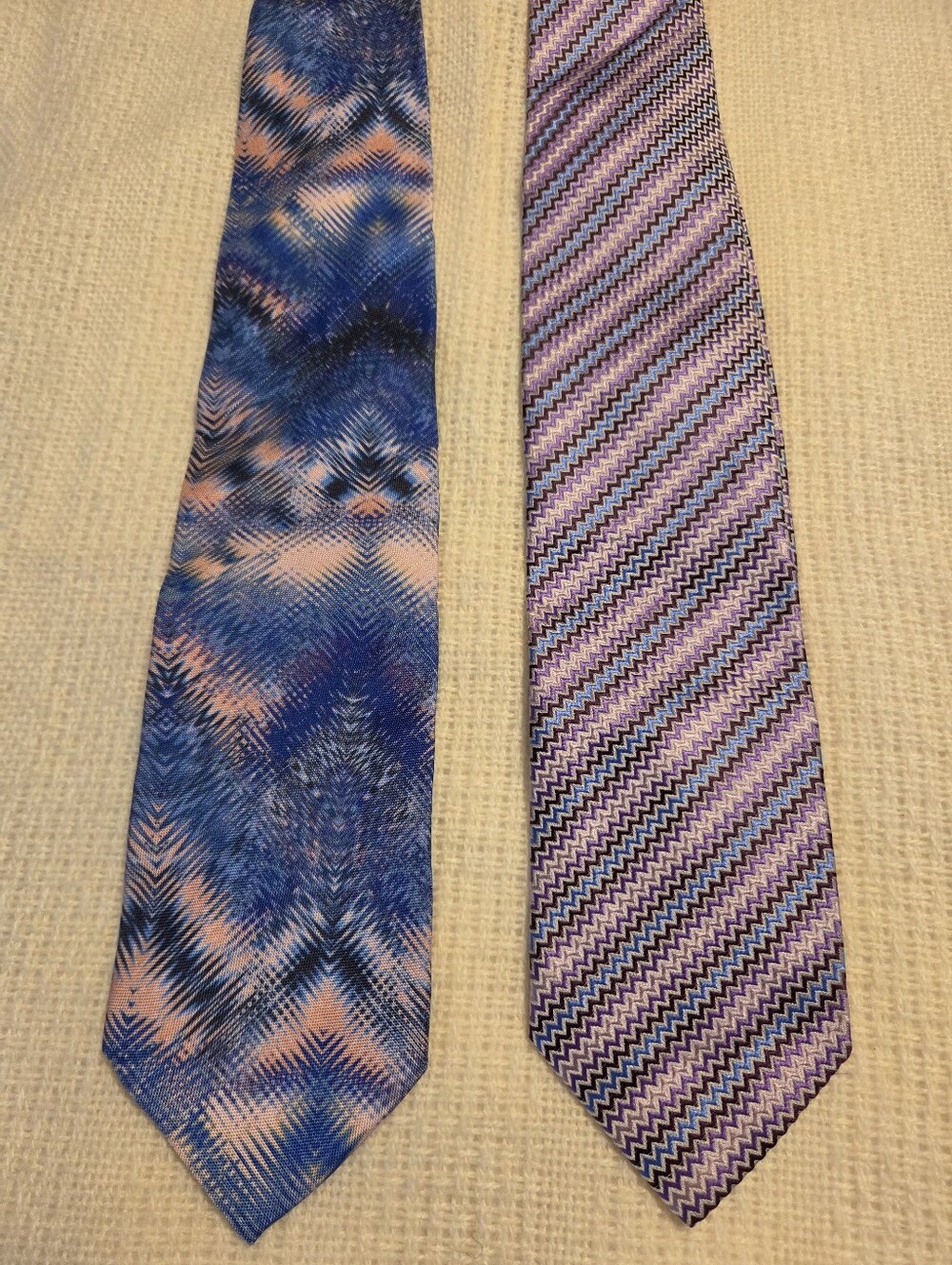 Missoni Italy 2 Tie Lot Silk Designer Neckties Multicolor Knit Zigzag Blue